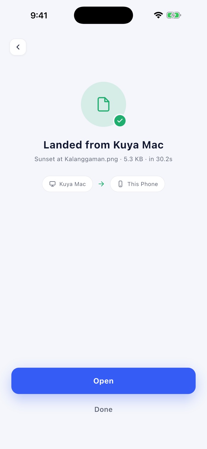 Glide on iPhone confirming a file landed from a nearby device in 30 seconds