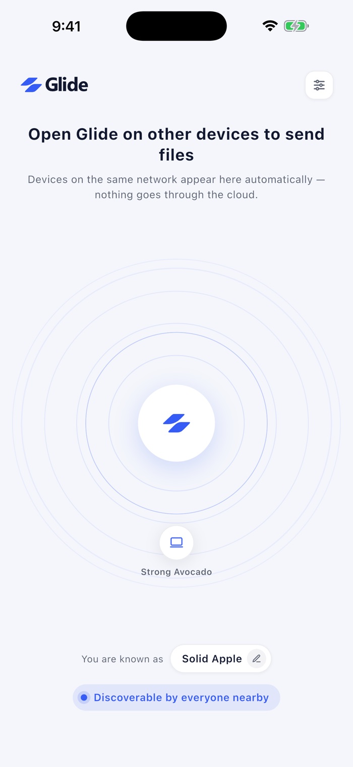 Glide on iPhone showing nearby devices it discovered automatically on the same Wi-Fi network