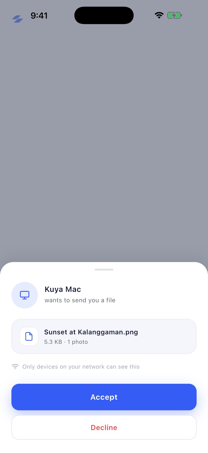 Glide on iPhone showing an incoming file request with Accept and Decline buttons