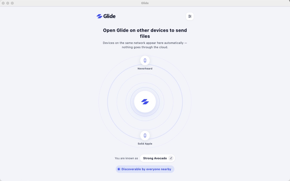 Glide on macOS showing a discovery screen with two nearby devices